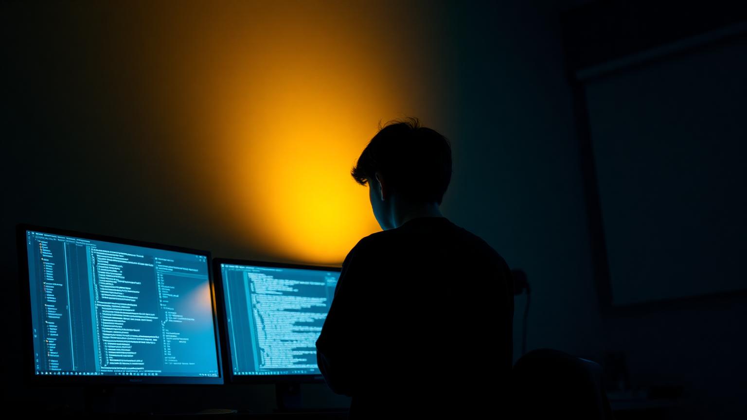 Engineer working late at a dual-monitor desk lit by a warm lamp