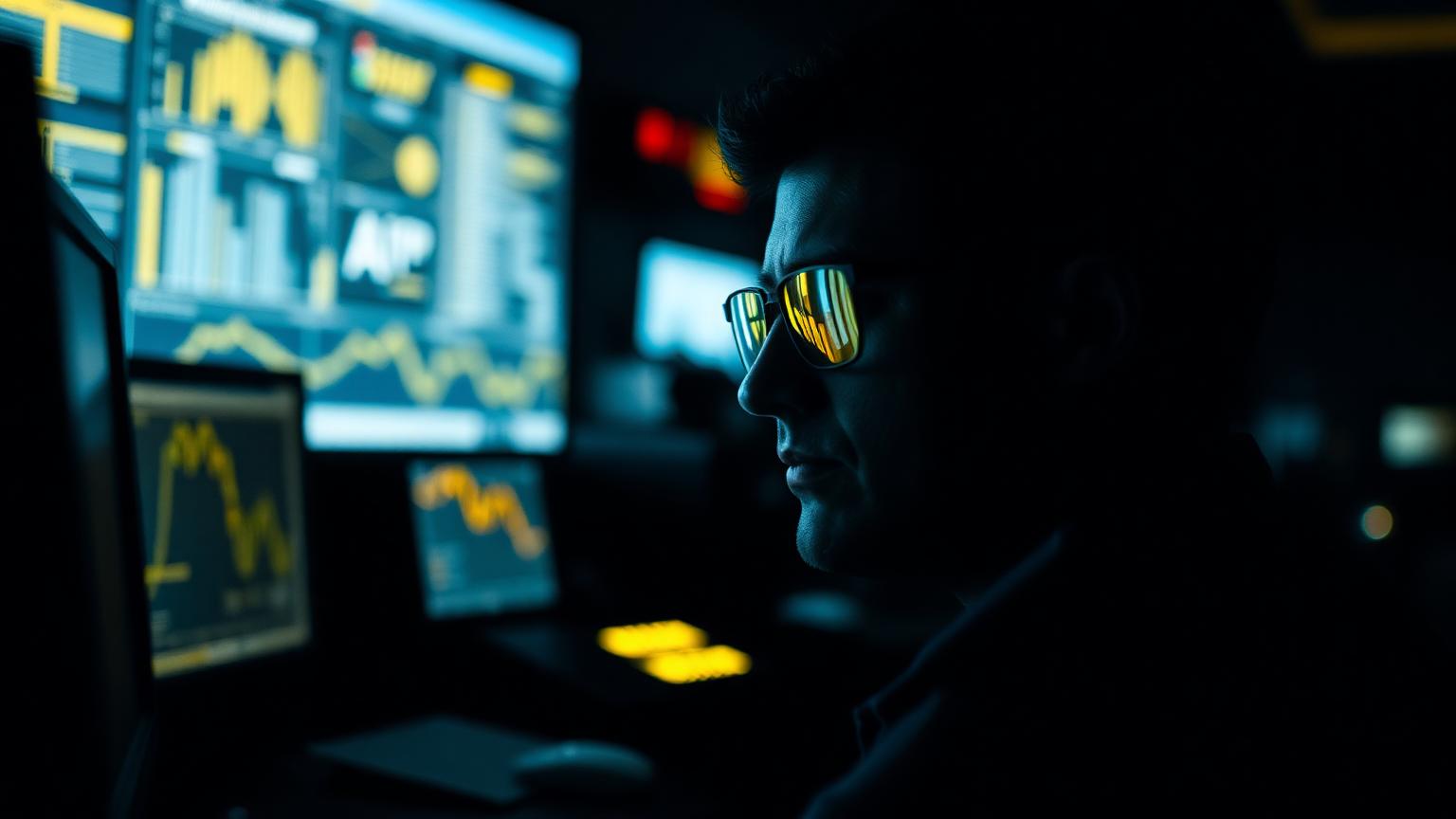 Security analyst in a quiet operations room with dashboards reflected in their glasses