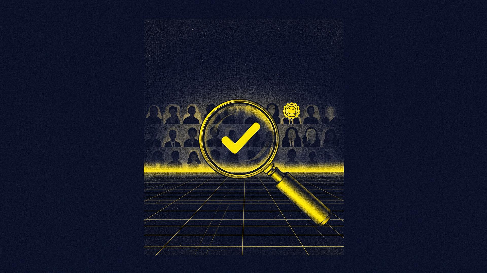 A magnifying glass hovering over a row of mentor silhouettes on a dark editorial background