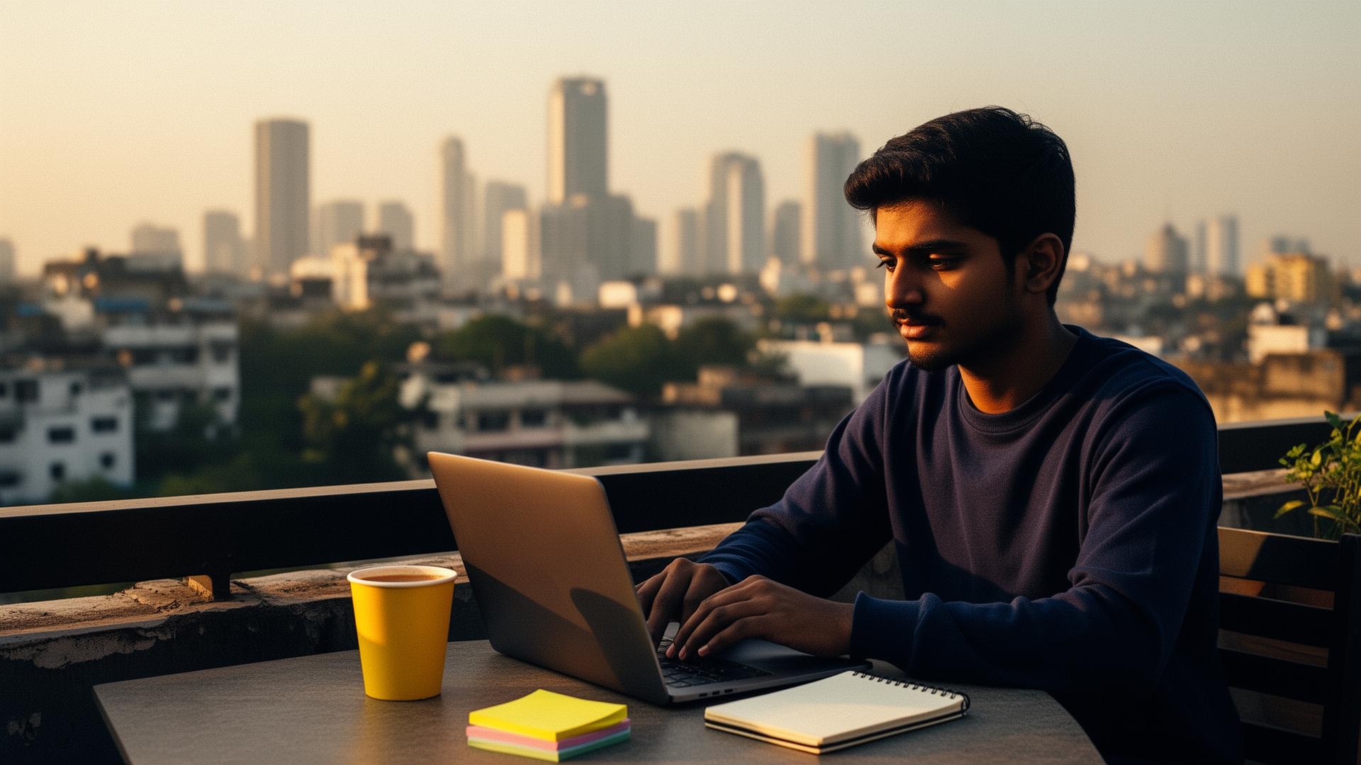 A young Indian engineer working on his laptop on a Bangalore rooftop at golden hour with a yellow cup of chai and a notebook with sticky notes