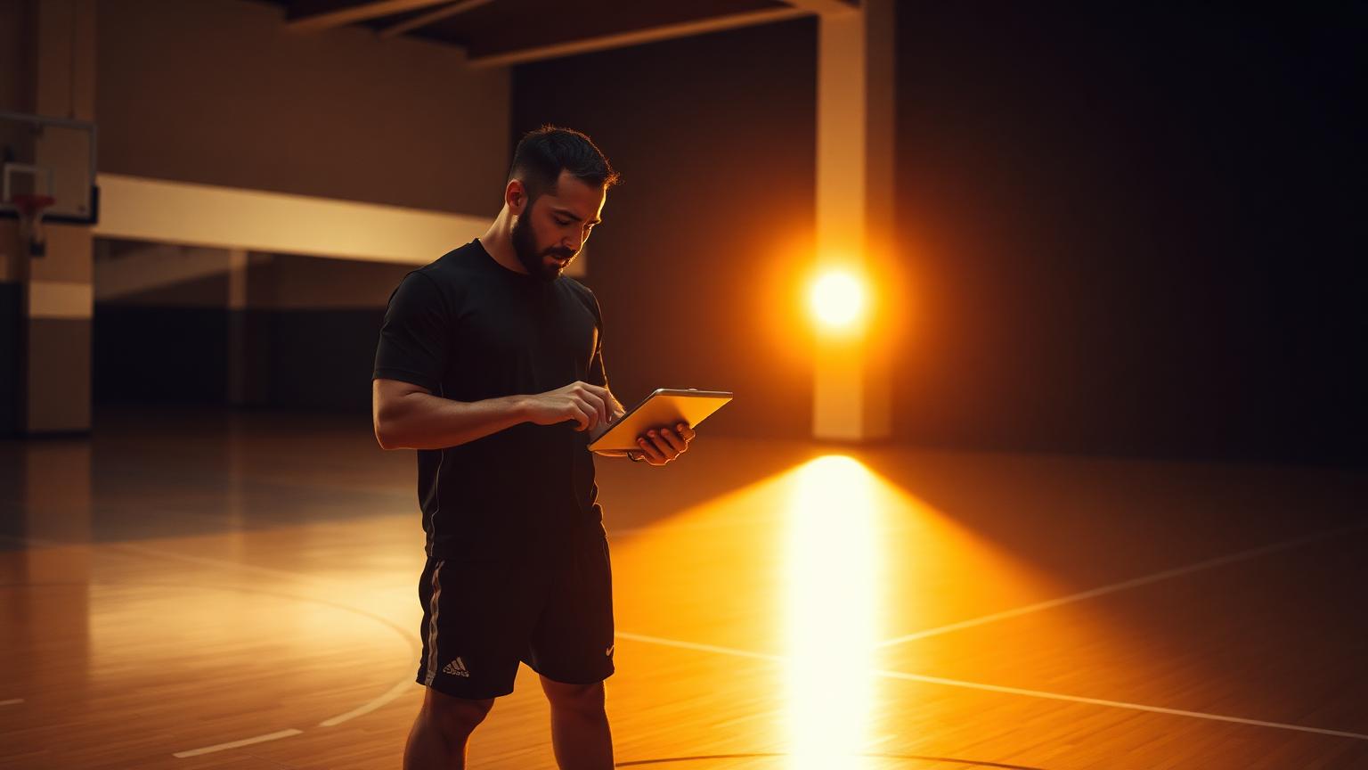 Performance coach reviewing a tablet on a polished gym floor at sunset