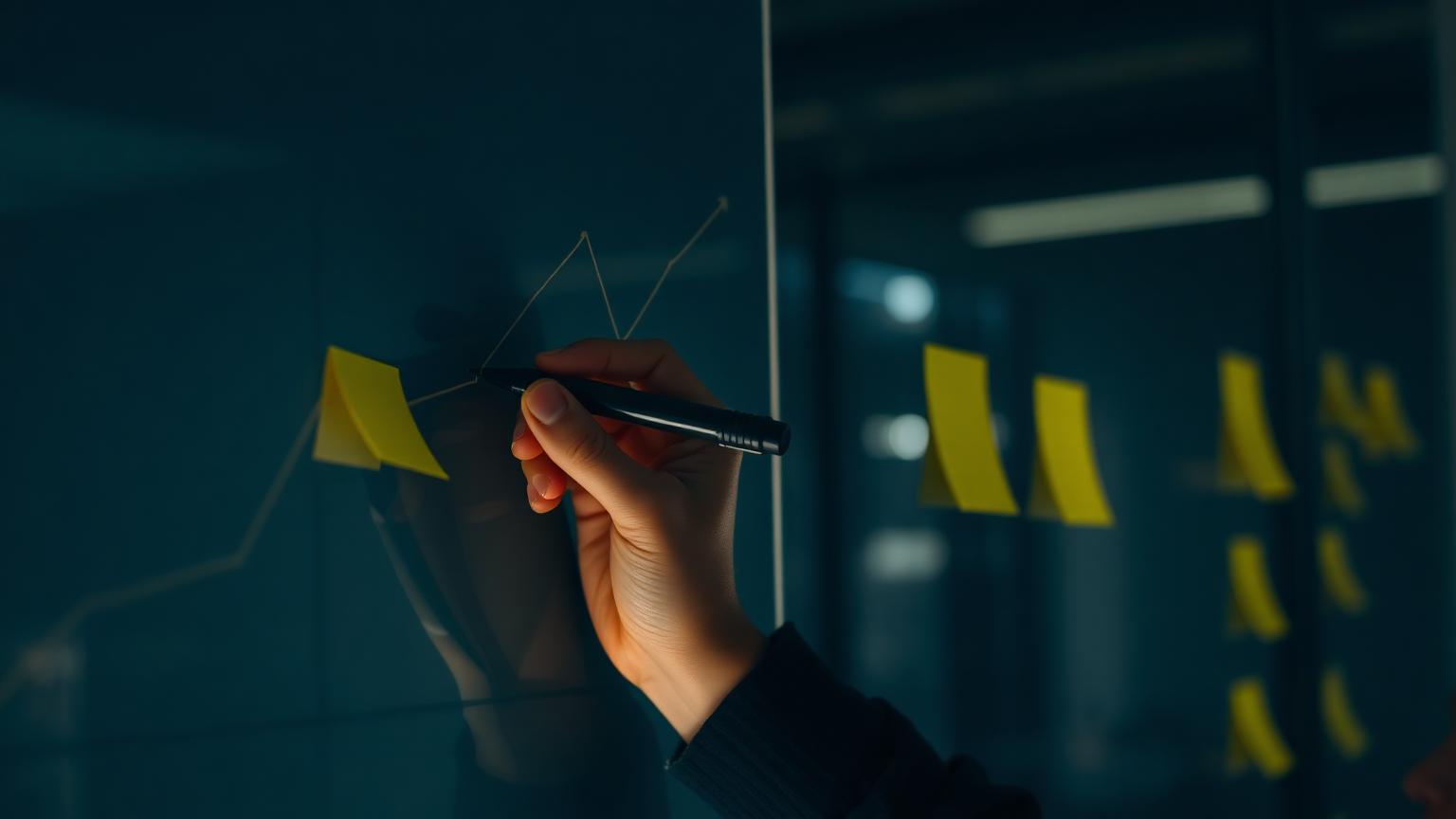 Analyst sketching a trend line on a glass wall with yellow sticky notes