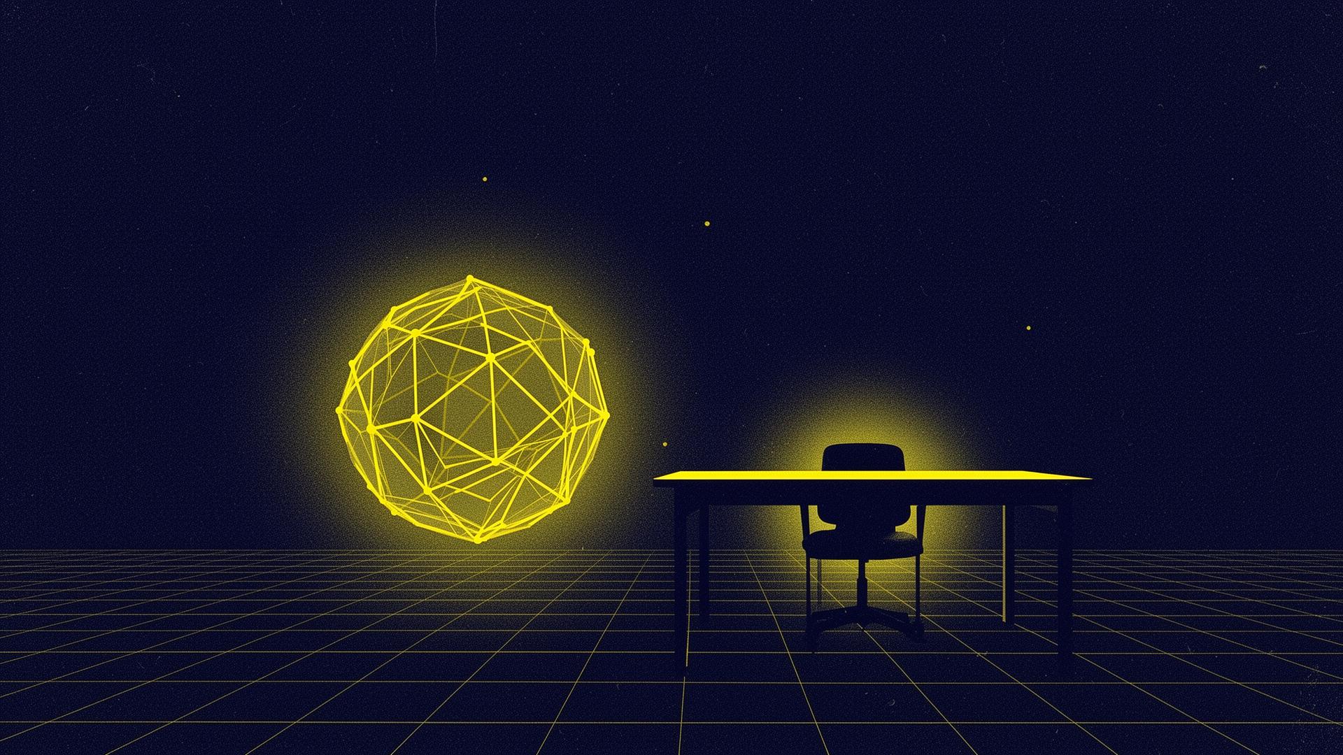 A softly glowing AI tutor orb hovering beside an empty desk lit by a warm lamp