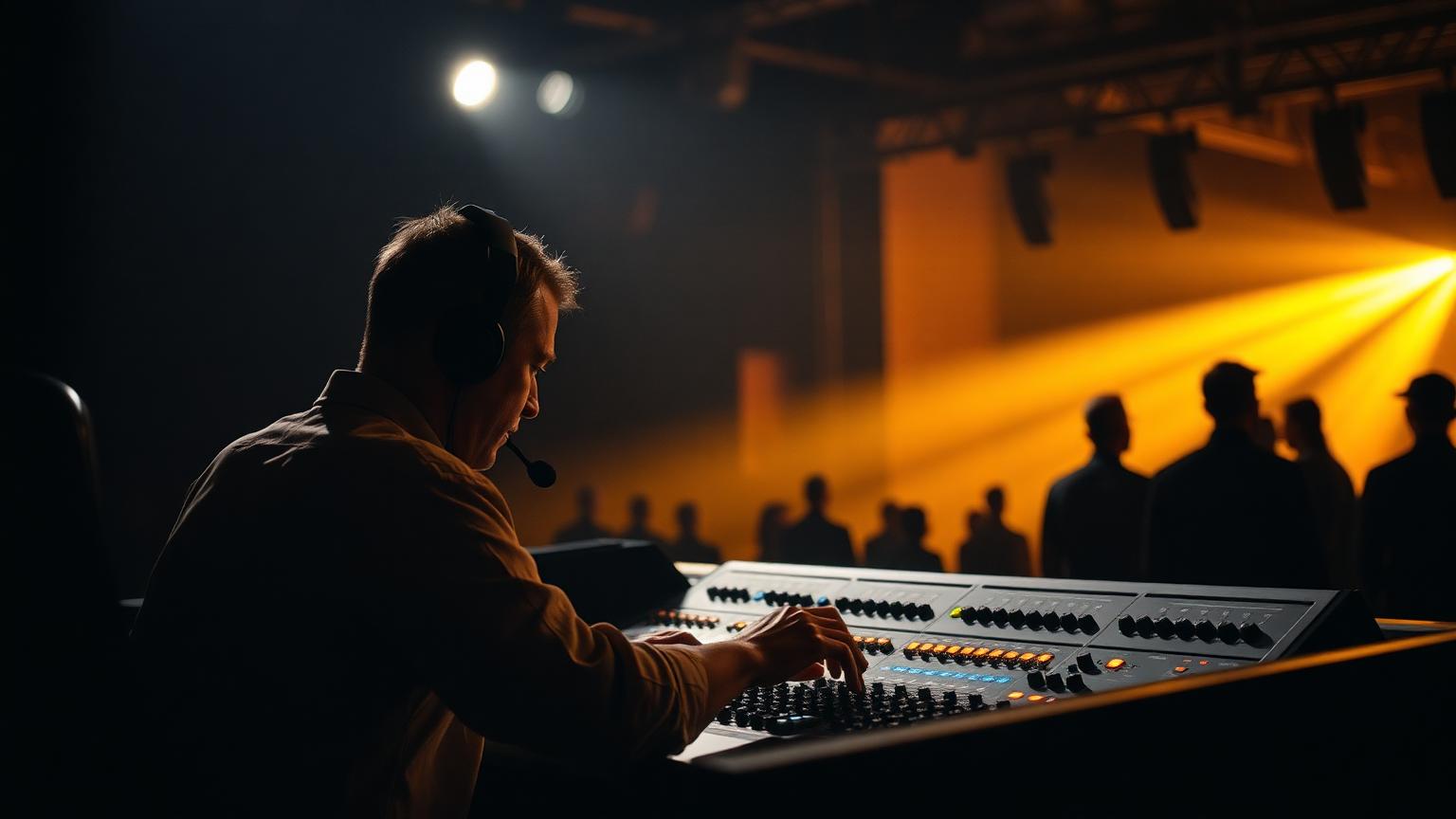 Live-event operator at a comms desk with stage lighting in the background