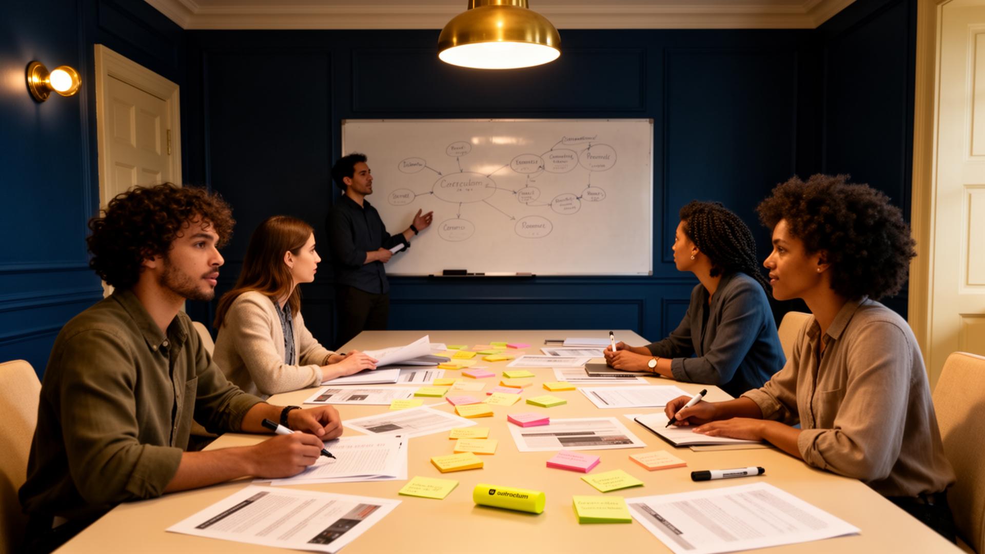 A small diverse team co-authoring a curriculum at a long table — whiteboard diagrams, sticky notes, signal-yellow highlighter.