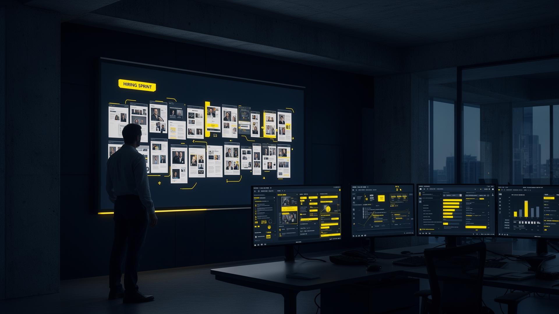 A hiring lead in a dark concrete-and-glass office reviewing a wall of candidate portfolios and live cohort sprint dashboards.